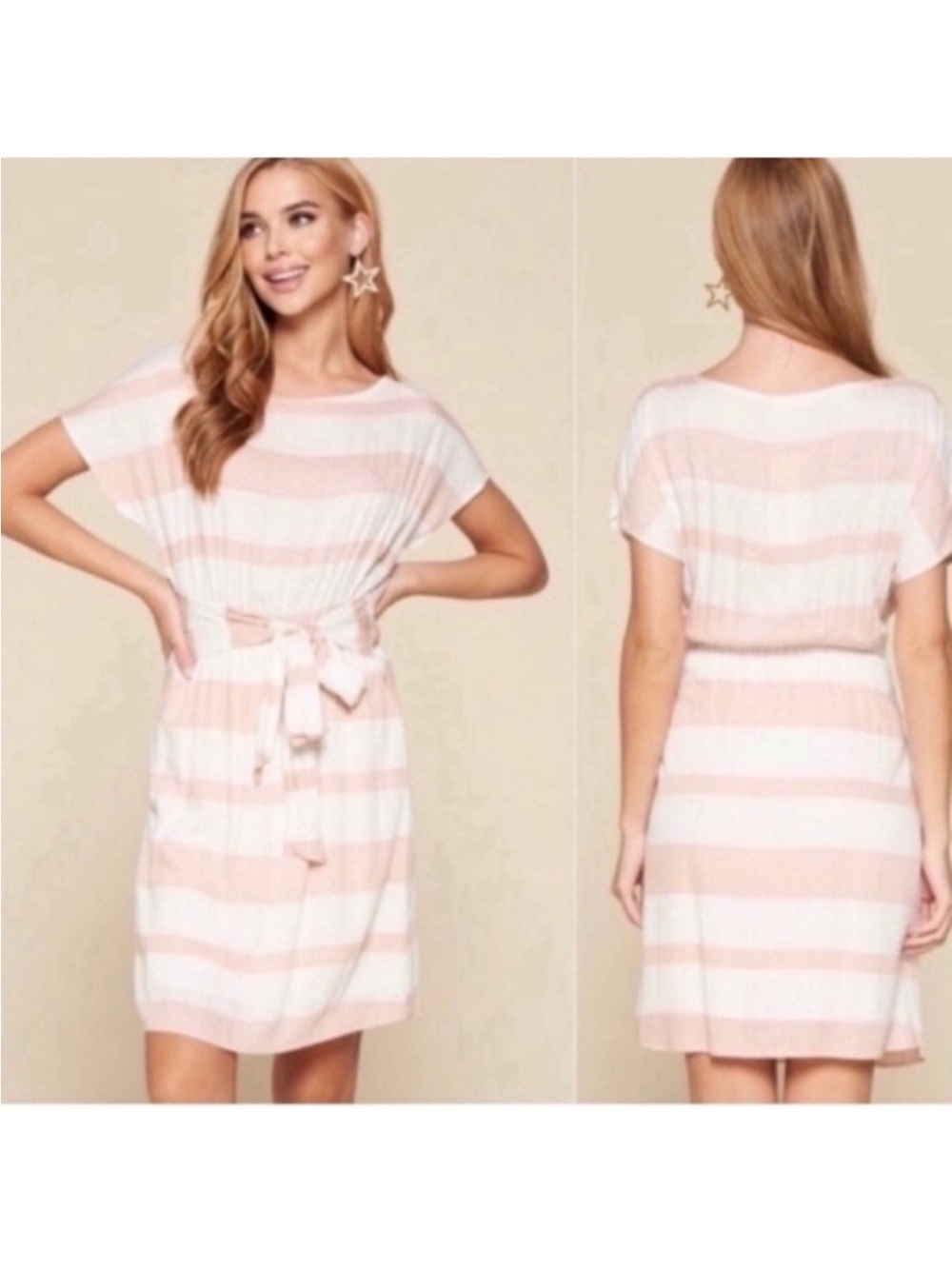 Oddy Stripe Tie Front or Back Summer Dress Sz L Peach White
